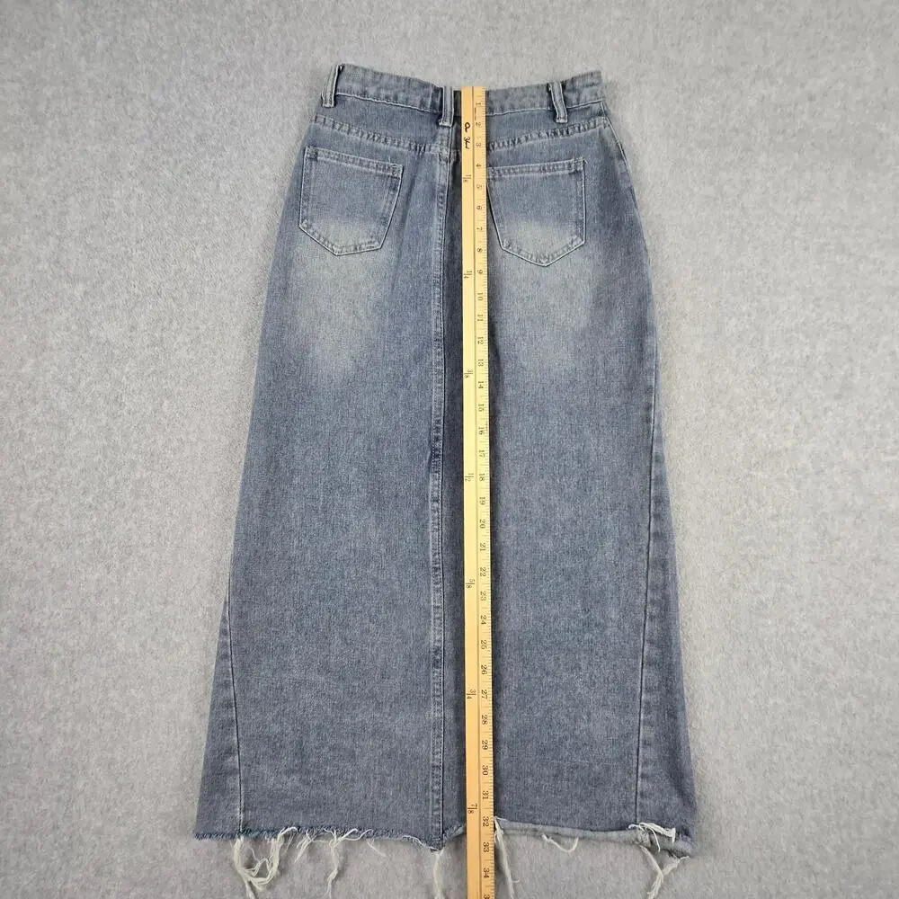 🌼Shein Skirt Womens Size 26 Denim Maxi Pencil Frayed Hem - Picture 6 of 9